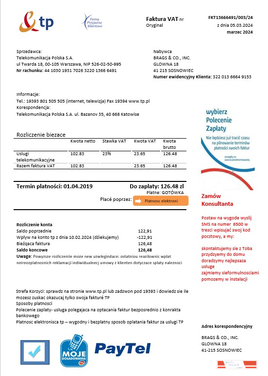 Poland TP business utility bill template in Word and PDF formats